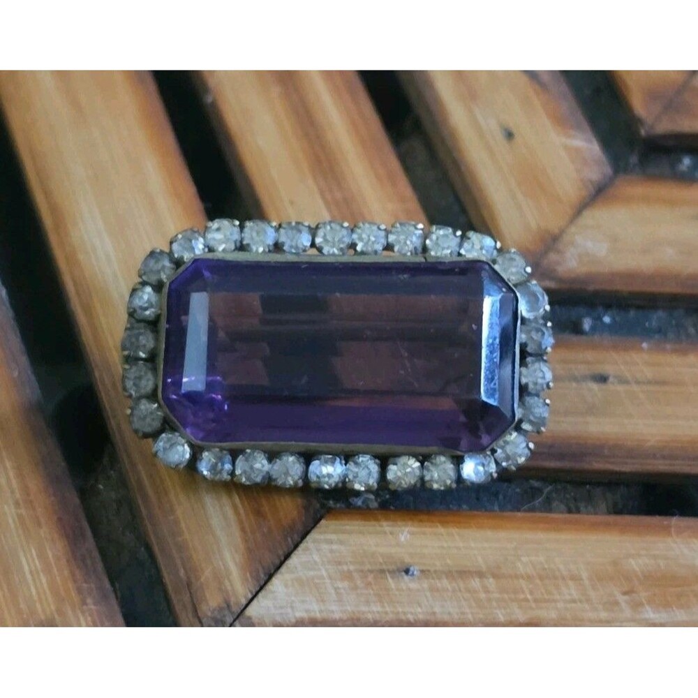 Vtg 1950s Large Amethyst Art Glass & Rhinestone Statement Brooch Pin Emerald Cut - Picture 1 of 8
